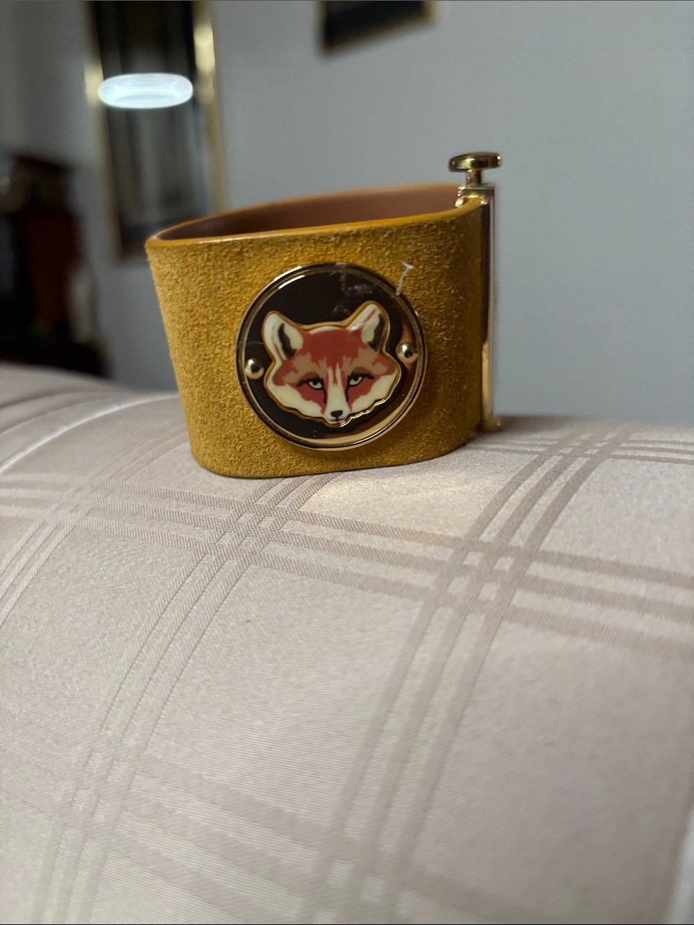 Mustard Suede Fox-Emblem Cuff Bracelet